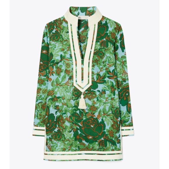 Tory Burch Tops - Tory Burch Printed Tory Green Rayure Fleurie Floral Cotton Voile Tunic